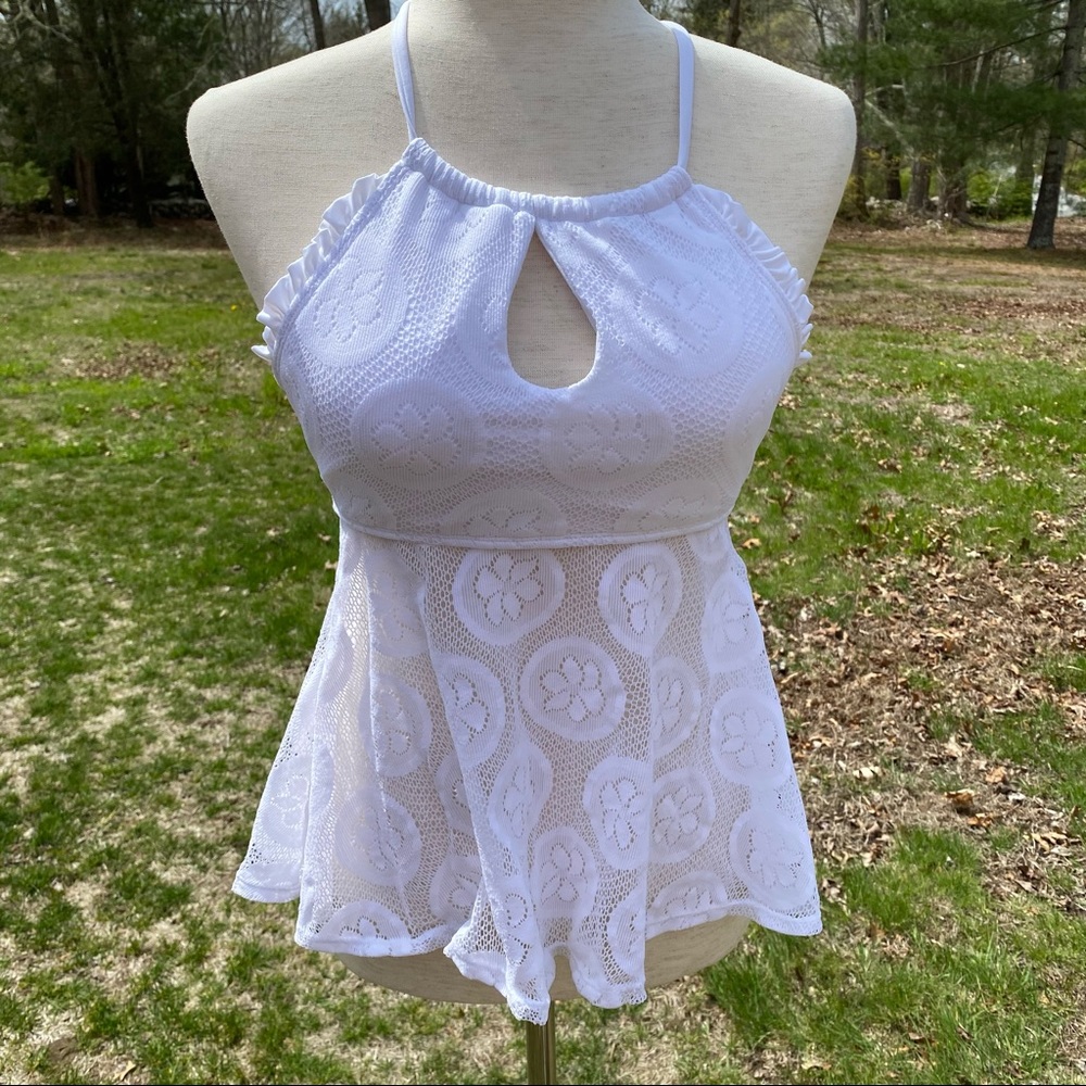 COLE OF CALIFORNIA SWIM TOP BIKINI WHITE SHEER FLORAL CRISS CROSS BACK Size S